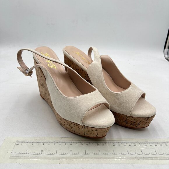 FOWT Apricot Peep Toe Slingback Platform Wedge High Heel Buckle Open Toe Sandals - Picture 4 of 8